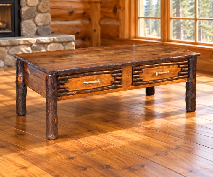 Fox Hollow Hickory Fernwood Two-Drawer Coffee Table in a rustic cabin living