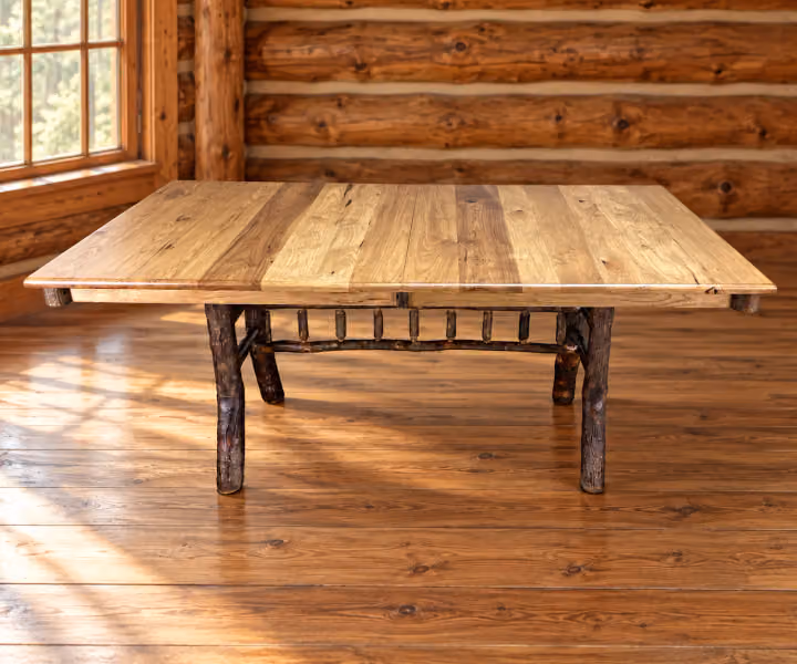Fox Hollow Hickory North Fork Dining Table in a rustic cabin dining
