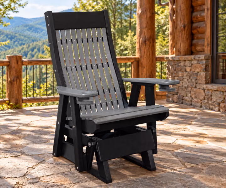 Willow Bay Poly Seabreeze Glider in an outdoor mountain cabin setting