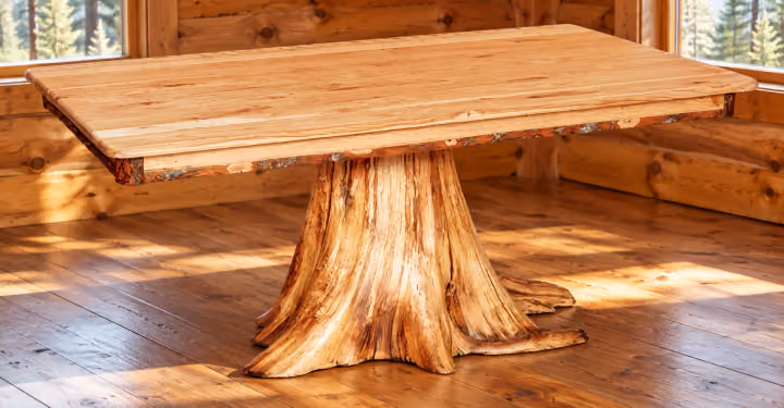 Hemlock Ridge Hickory Standard Stump Dining Table in a rustic cabin dining