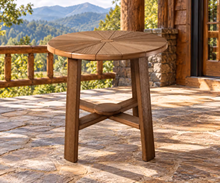 Willow Bay Poly Daybreak Table in an outdoor mountain cabin setting