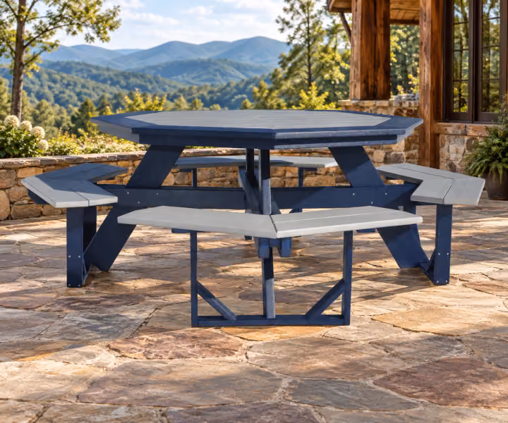 Willow Bay Poly Octagon Table in an outdoor mountain cabin setting