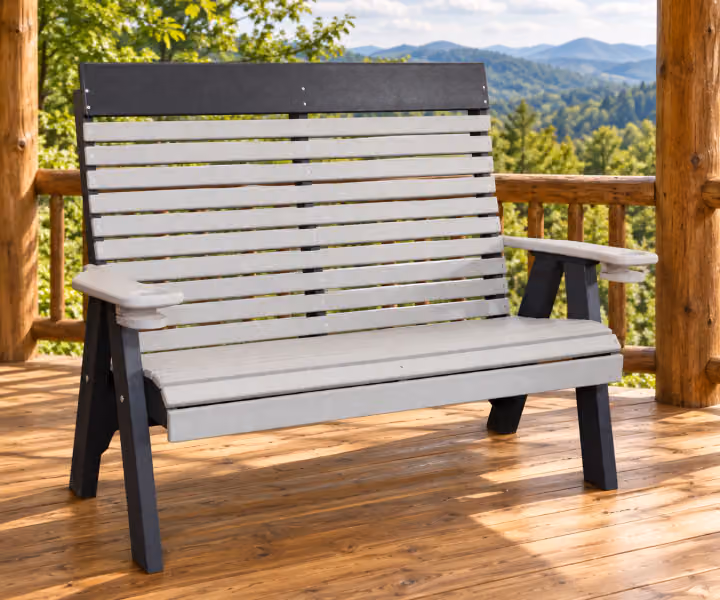 Willow Bay Poly Tall-back Bench on a covered mountain cabin porch