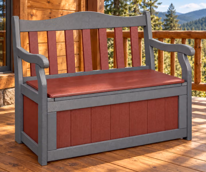 Harbor Porch Poly Garden Storage Bench in an outdoor cabin setting