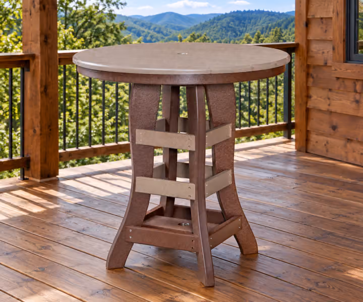Harbor Porch Round Poly Counter Table in an outdoor cabin setting