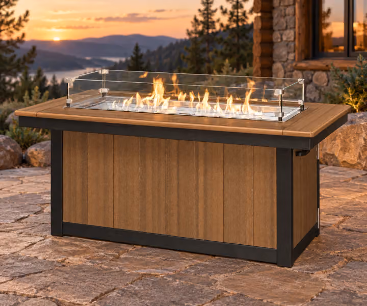 Harbor Porch Wide Poly Conversation Fire Table in an outdoor cabin setting