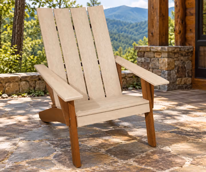 Willow Bay Poly Shoreline Deck Chair in an outdoor mountain cabin setting