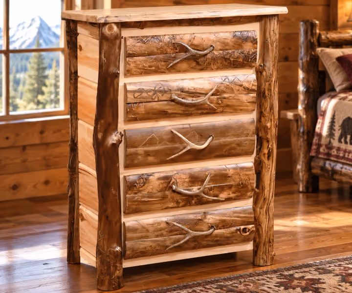 Woodland Hollow Aspen Five Drawer Chest in a rustic cabin bedroom