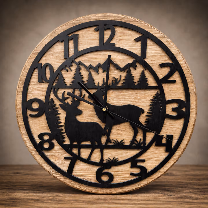 Wooden Clock with Deer