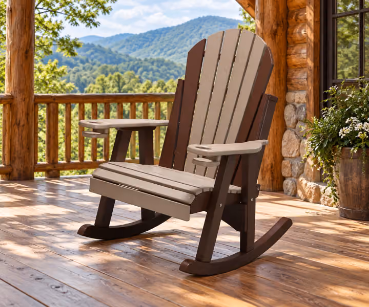 Willow Bay Poly Adirondack Rocker in an outdoor mountain cabin setting