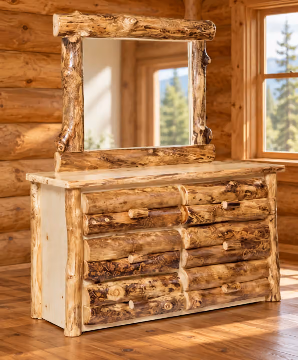 Clearwater Aspen Six Drawer Dresser in a rustic cabin bedroom