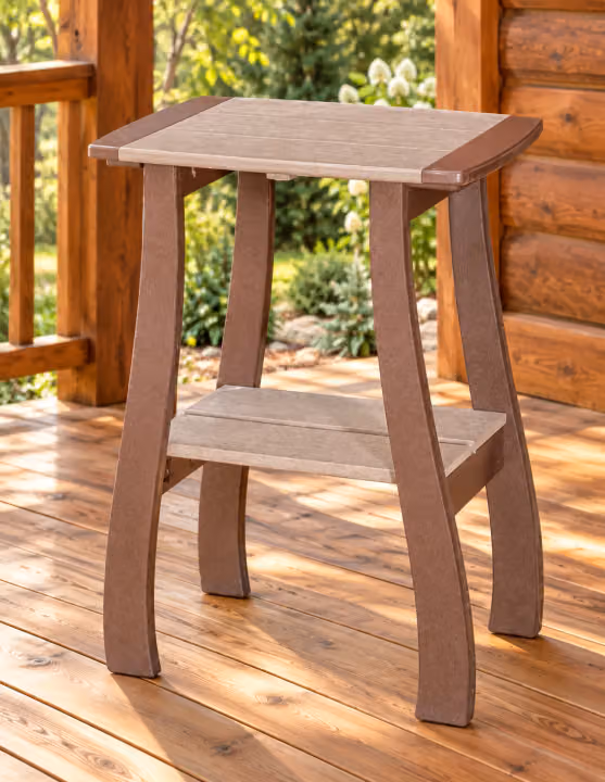 Harbor Porch Bordered Poly Counter End Table in an outdoor cabin setting