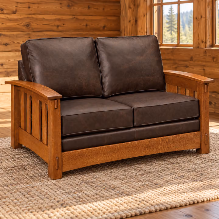 Canyon Forge Quarter Sawn White Oak Deep-Seat Leather Loveseat