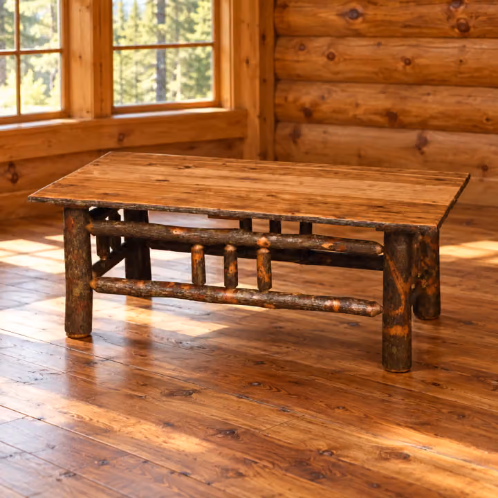Fox Hollow Hickory Timberline Coffee Table in a rustic cabin living