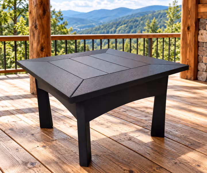 Willow Bay Poly Half Sized Coffee Table (Coastal Circle) in an outdoor mountain cabin setting