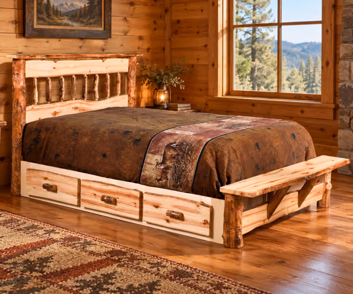 Meadow Creek Aspen Bed in a rustic cabin bedroom