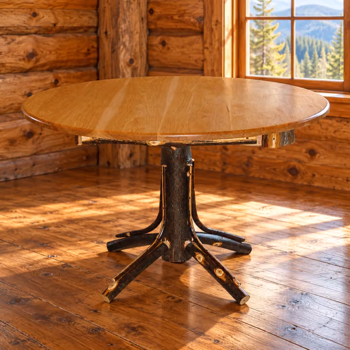 Fox Hollow Hickory Round Dining Table in a rustic cabin dining