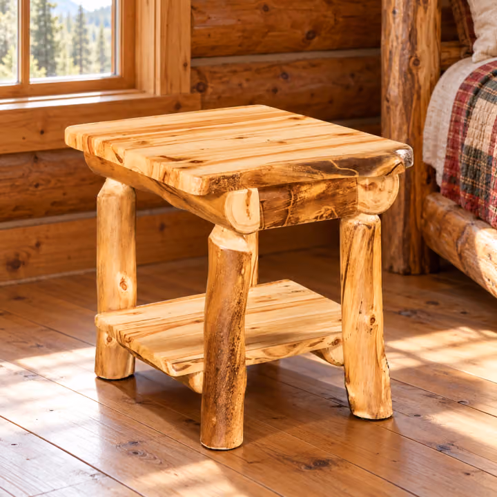 Timber Hollow Aspen Open-Shelf Nightstand in a cabin bedroom