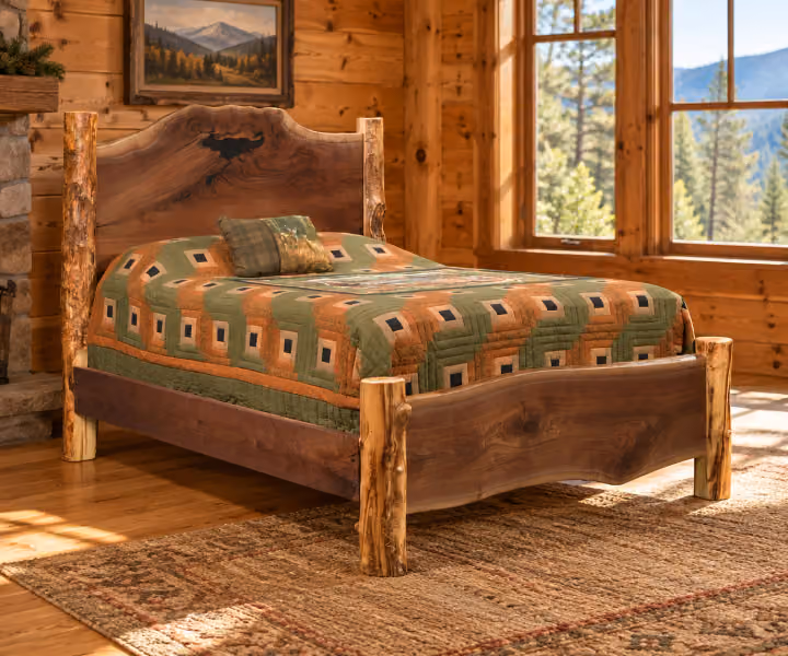 Highland Trail Aspen & Black Walnut Bed in a rustic cabin bedroom