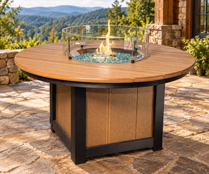 Willow Bay Poly Round Lounge Fire Table in an outdoor mountain cabin setting