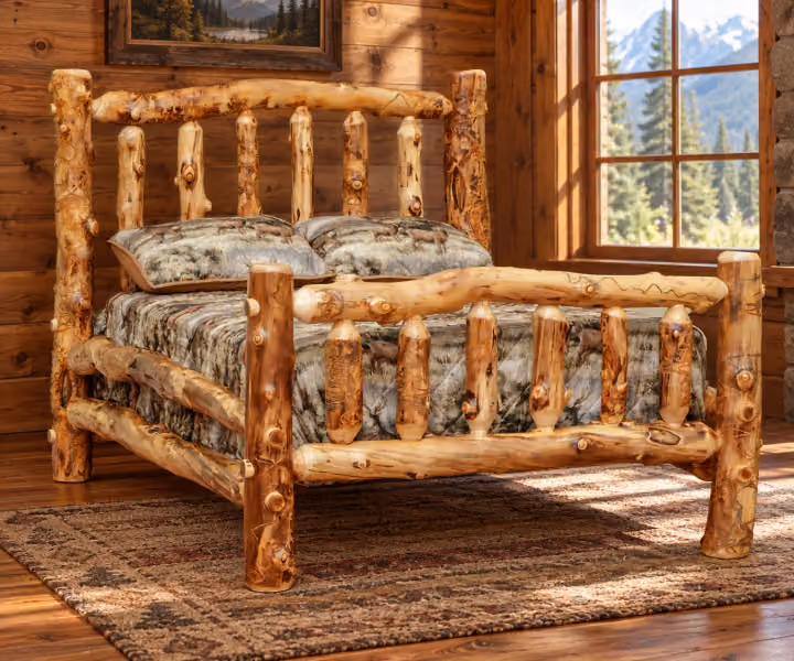 Hearthside Briar Summit Aspen High Headboard Bed in a rustic cabin bedroom