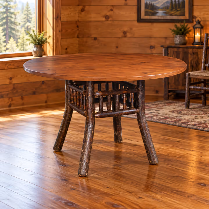 Fox Hollow Hickory Lakeshore Round Dining Table in a rustic home