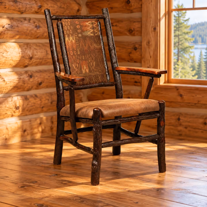 Fox Hollow Hickory Hearthside Upholstered Chair in a rustic cabin setting