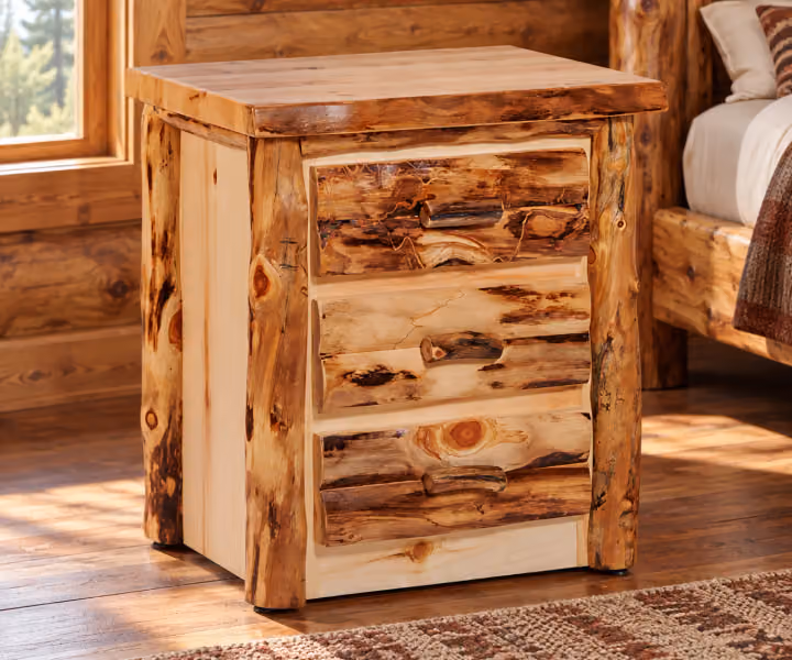 Hearthside Briar Summit 3 Drawer Nightstand in a rustic cabin