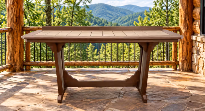 Willow Bay Poly Cub Mission Table in an outdoor mountain cabin setting