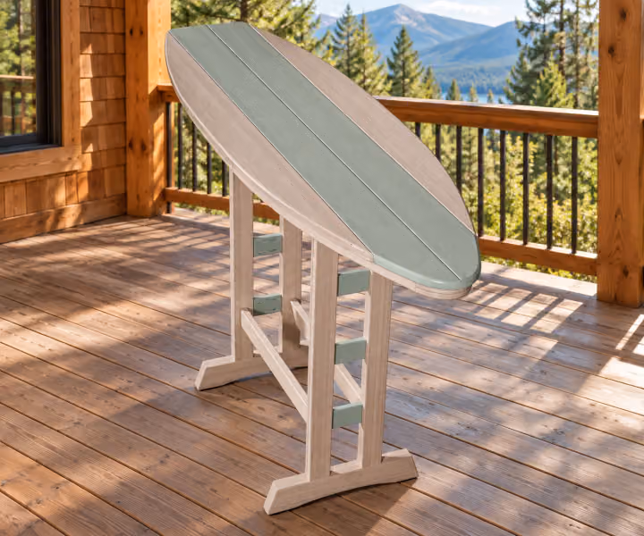 Harbor Porch Surfboard Poly Bar Table in an outdoor cabin setting