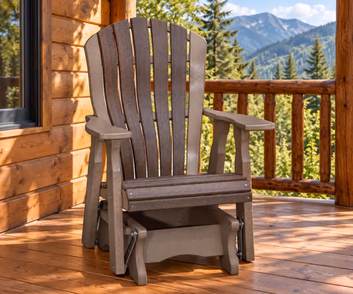 Harbor Porch Arched-back Poly Glider Chair in an outdoor cabin setting