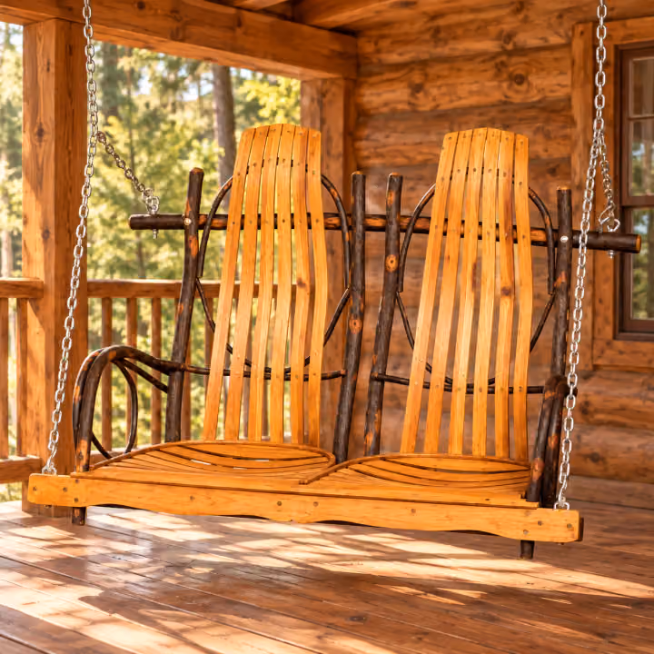 Forest Bend Hickory Double Rocker Porch Swing in a rustic cabin setting