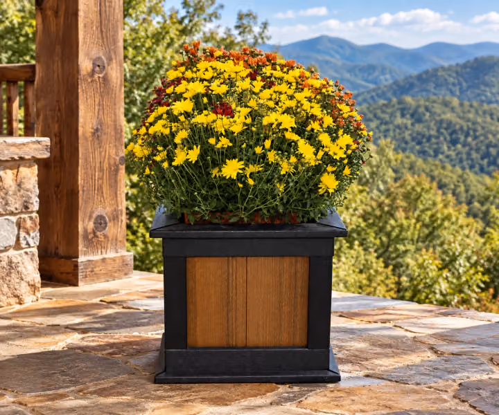 Willow Bay Poly Square Planter in an outdoor mountain cabin setting