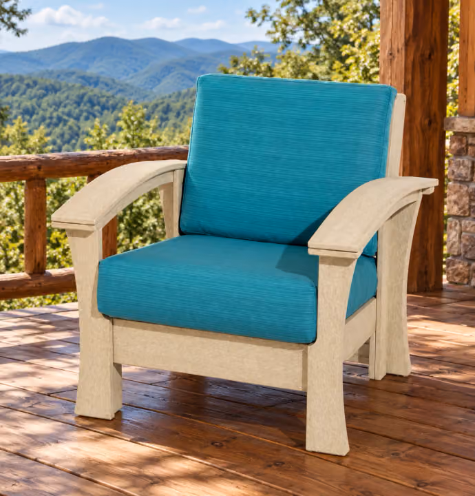 Willow Bay Poly Porchside Chair in an outdoor mountain cabin setting