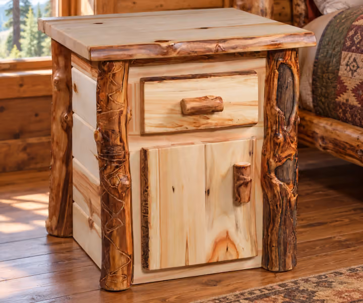 Meadow Creek Aspen One Drawer Cabinet Nightstand in a rustic cabin bedroom