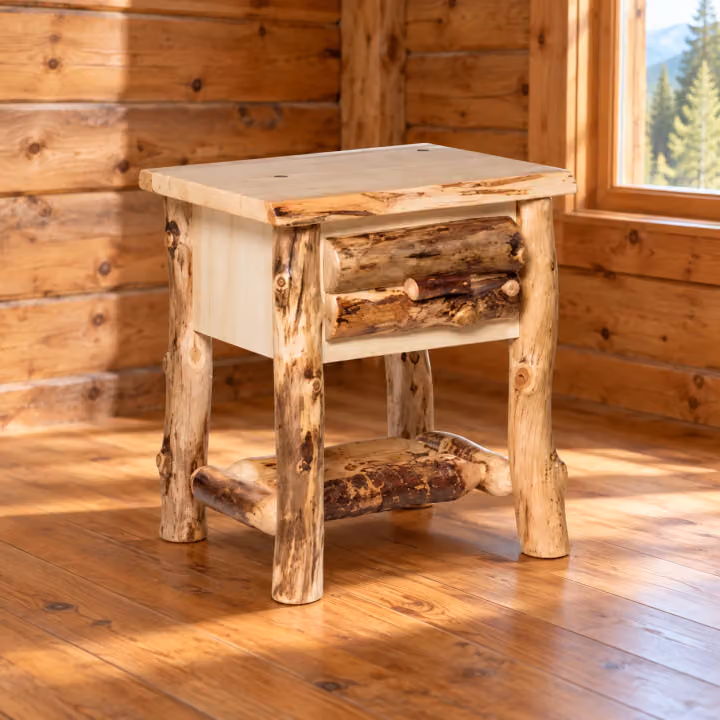 Clearwater Aspen One-Drawer Nightstand in a rustic cabin bedroom