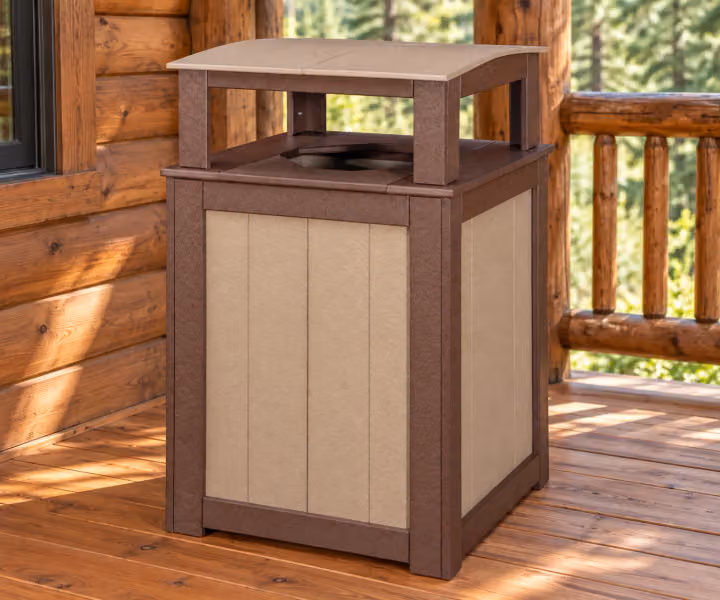 Harbor Porch Poly Roof-top Waste Bin in an outdoor cabin setting