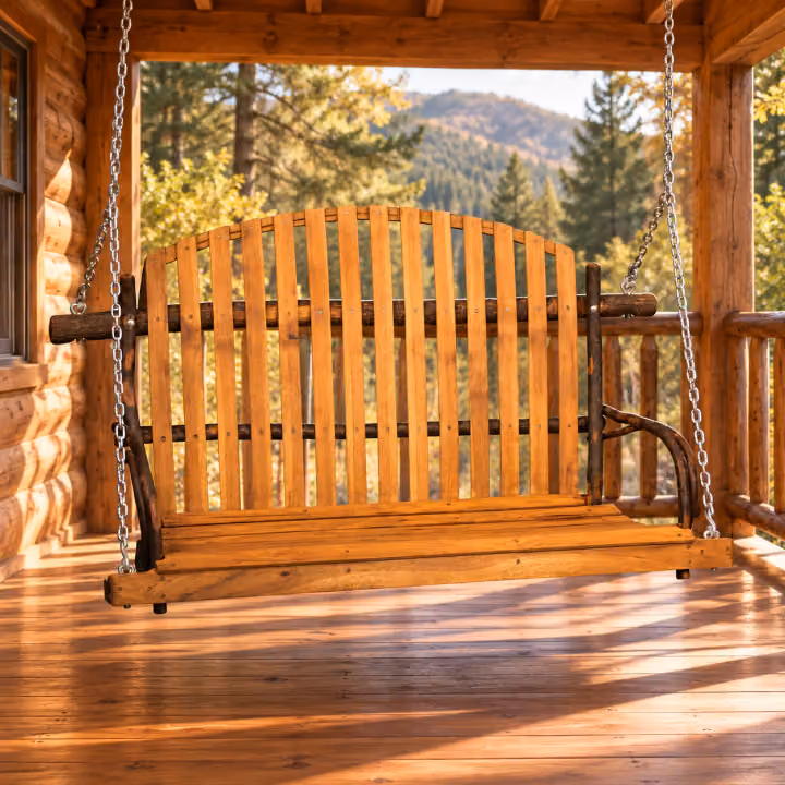 Fox Hollow Hickory Bench Porch Swing in a rustic cabin setting