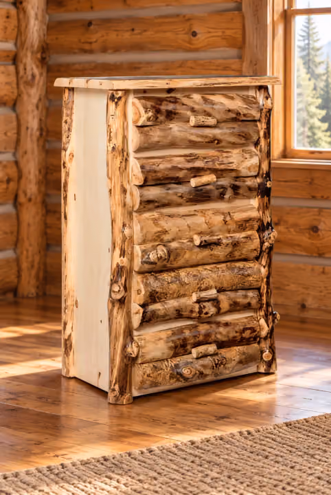 Clearwater Aspen Five Drawer Chest in a rustic cabin bedroom