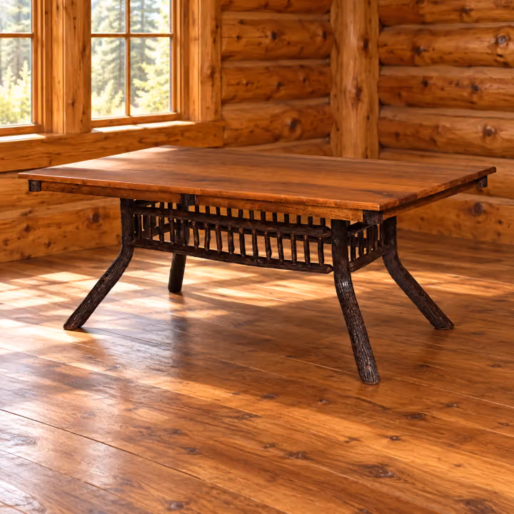 Fox Hollow Hickory Lakeshore Dining Table in a rustic cabin dining