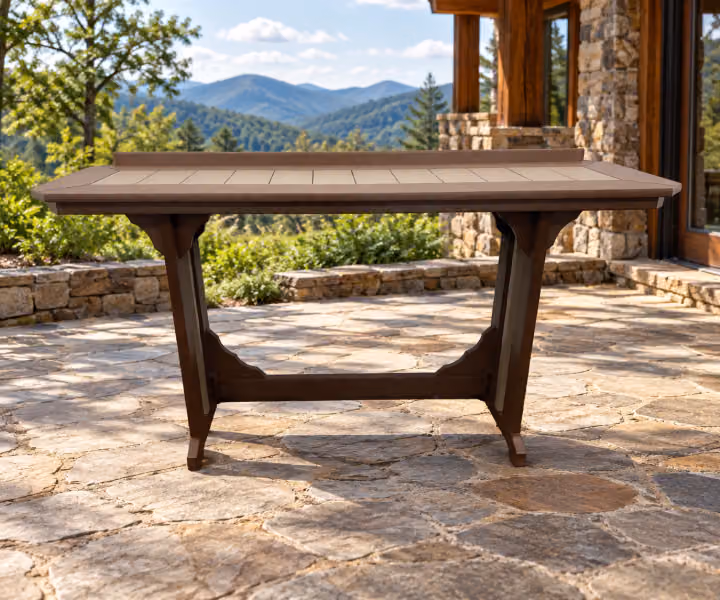 Willow Bay Poly Long Cub Mission Table in an outdoor mountain cabin setting