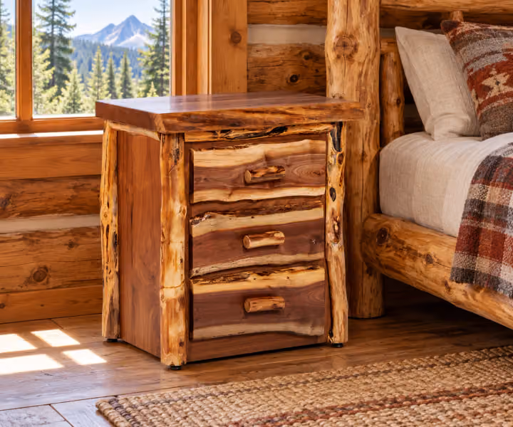 Hearthside Alder Peak 3 Drawer Nightstand in a rustic cabin