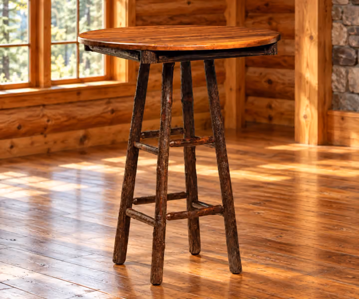 Fox Hollow Hickory Windmill Pub Table in a rustic cabin dining