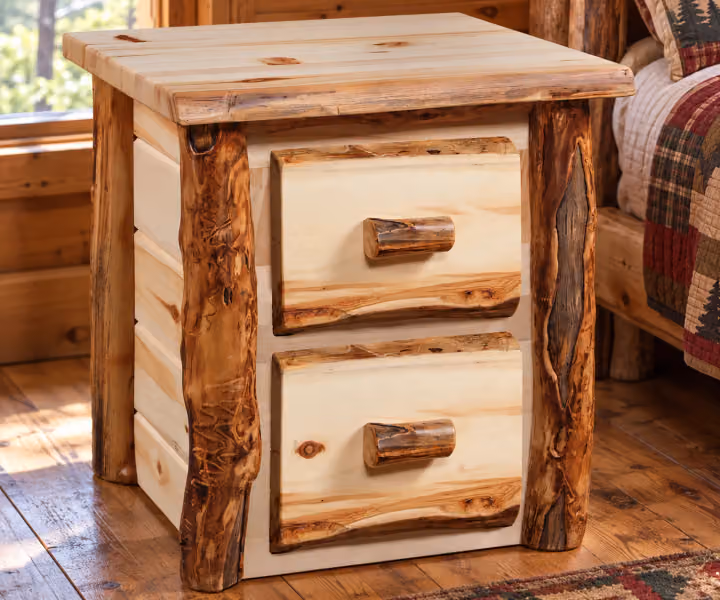 Meadow Creek Aspen Two Drawer Nightstand in a rustic cabin bedroom