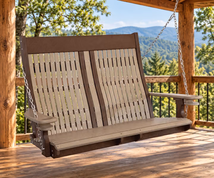 Willow Bay Poly Seabreeze Swing on a covered mountain cabin porch
