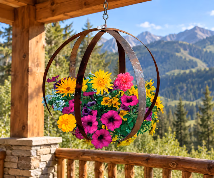 Caskwood Three-Ring Plant Holder in a rustic mountain cabin