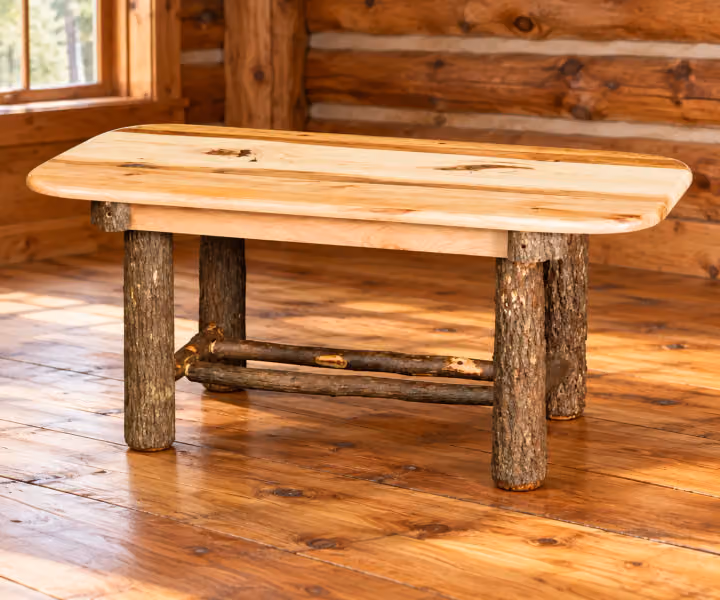 Fox Hollow Hickory Brookside Coffee Table in a rustic cabin living