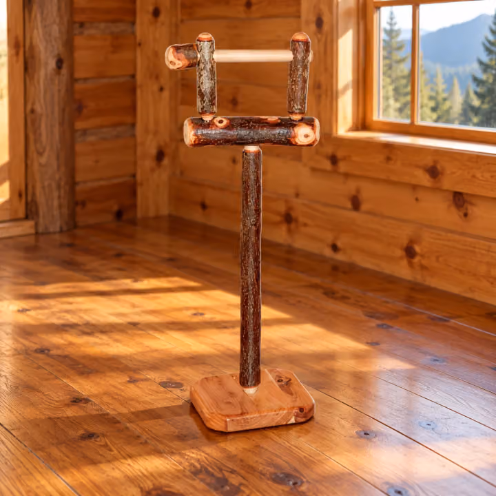 Hemlock Ridge Hickory Toilet Paper Holder Stand in a rustic cabin setting