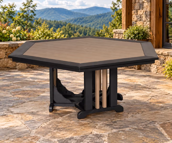 Willow Bay Poly Hexagonal Mission Table in an outdoor mountain cabin setting