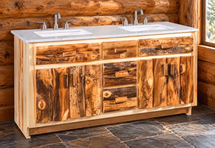 Timber Hollow Aspen Vanity Cabinet — 60-inch in a cabin bathroom